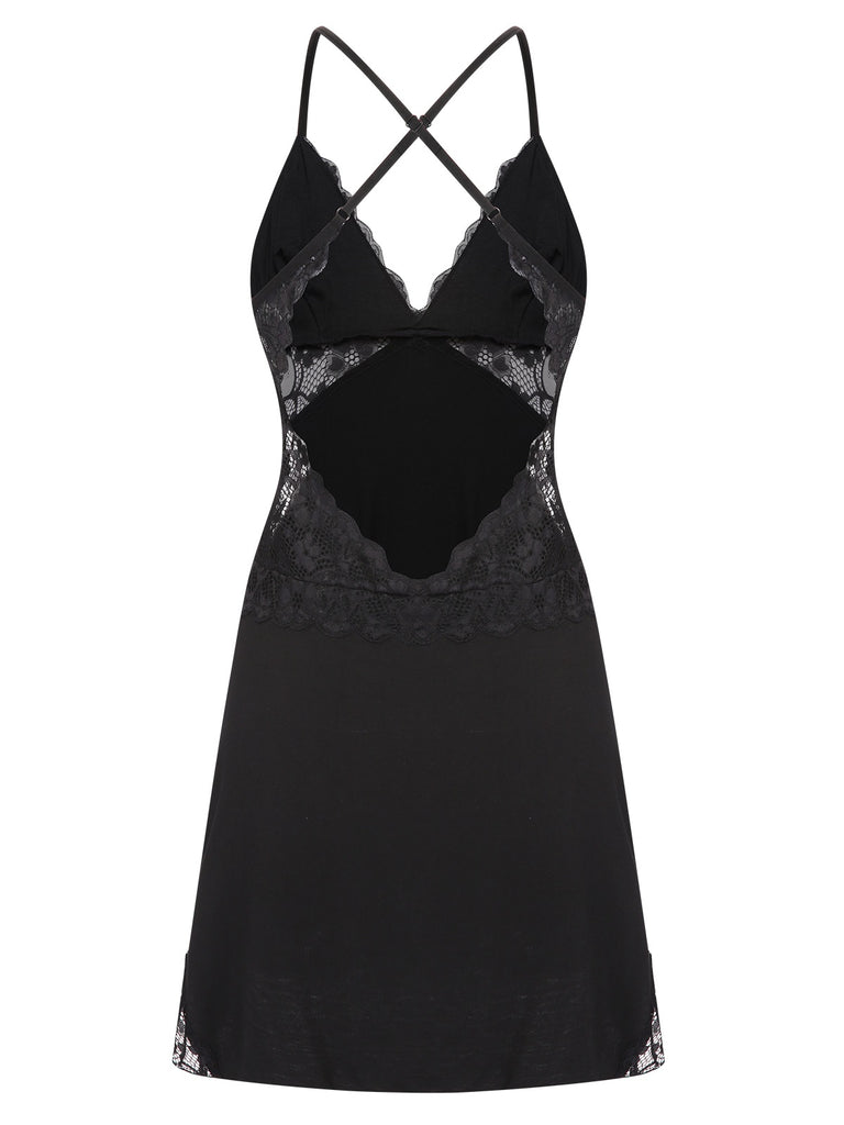 Black 1970s Lace Patchwork Spaghetti Straps Nightgown