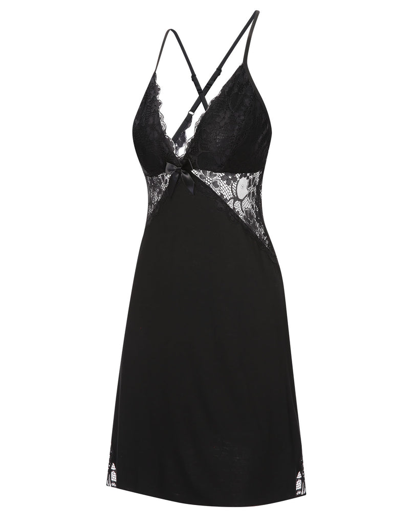 Black 1970s Lace Patchwork Spaghetti Straps Nightgown