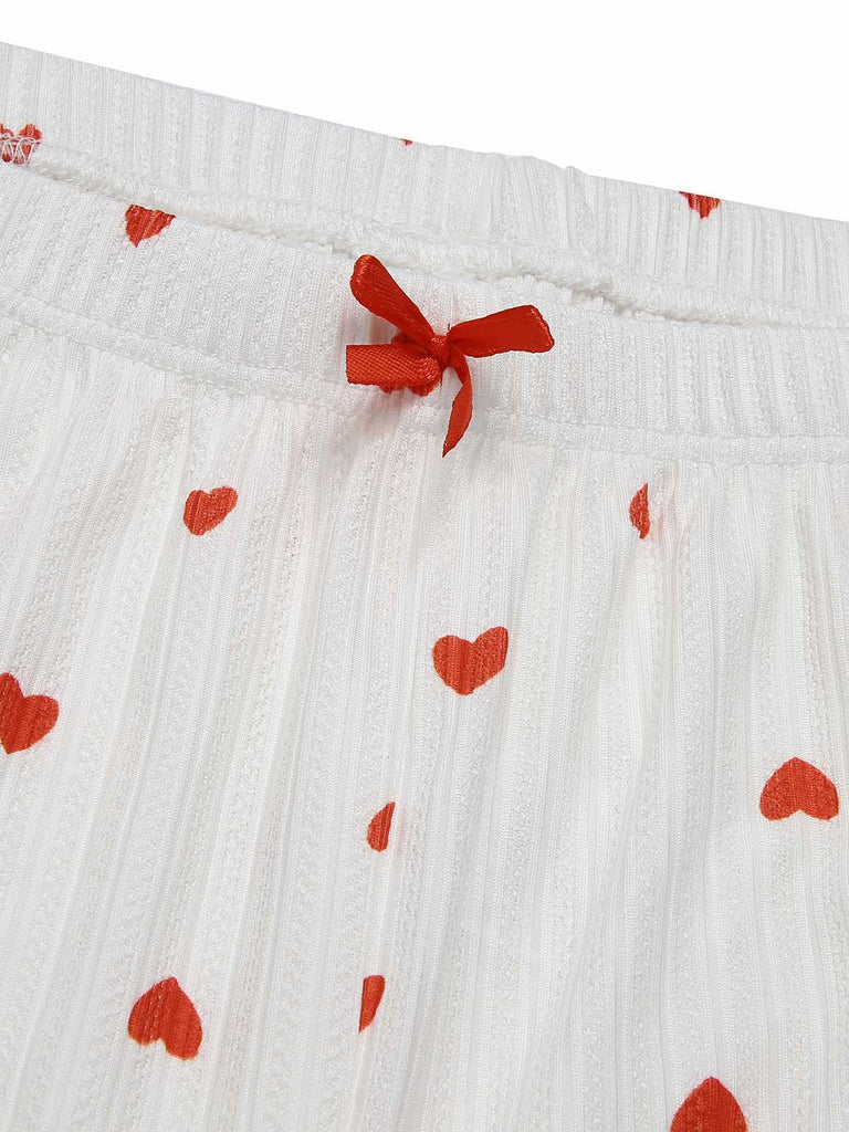 White 1970s Curled Heart Bow Long Sleeve Pajamas