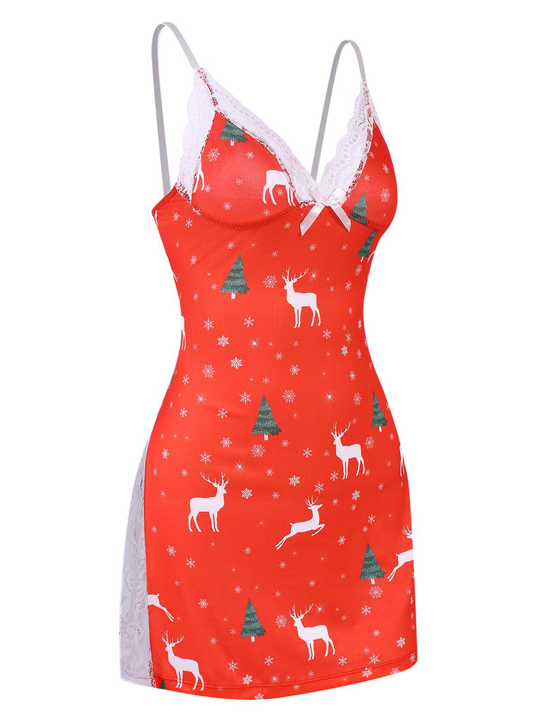 Red 1970s Spaghetti Strap Christmas Print Nightgown