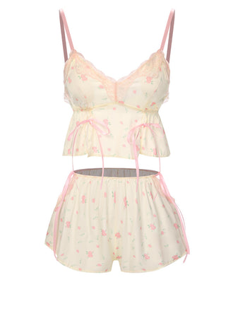 Cream Color 1950s Floral Lace Straps Pajama