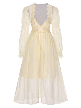 2PCS Apricot 1950s Floral Straps Slit Nightgown & Robe