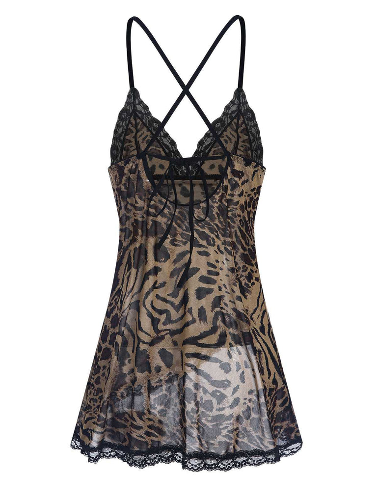 1950s Spaghetti Strap Slit Leopard Lace Nightgown