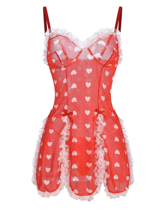 Red 1970s Lace Heart Ruffles Nightgown