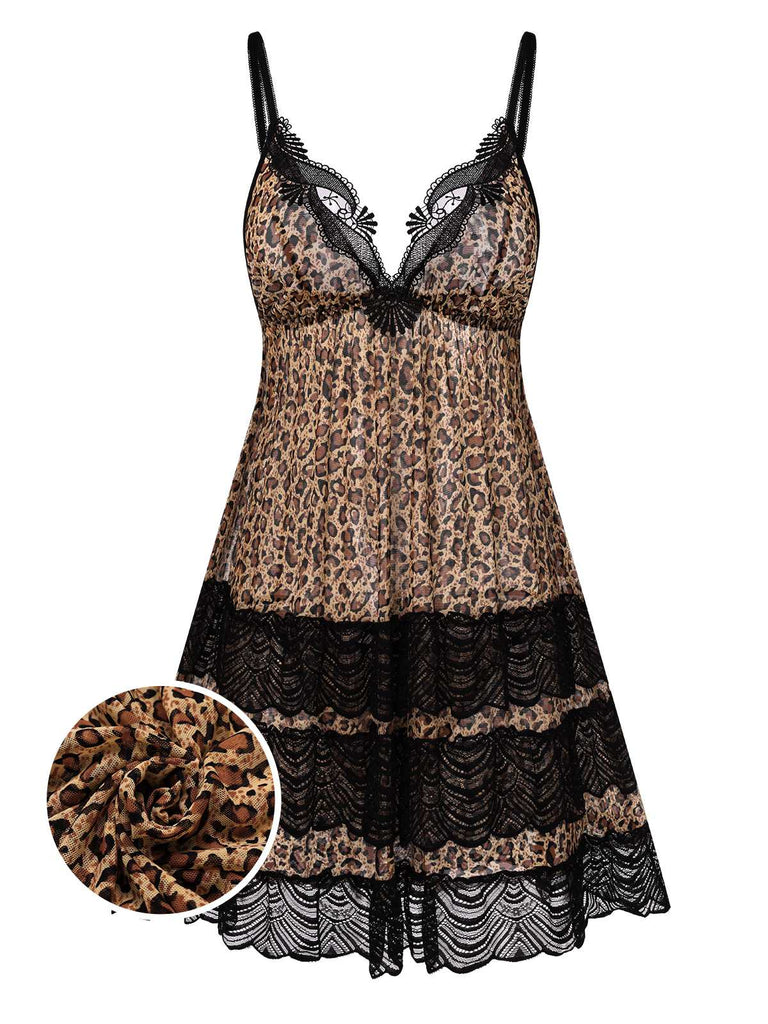 1940s Spaghetti Strap Leopard Lace Nightgown