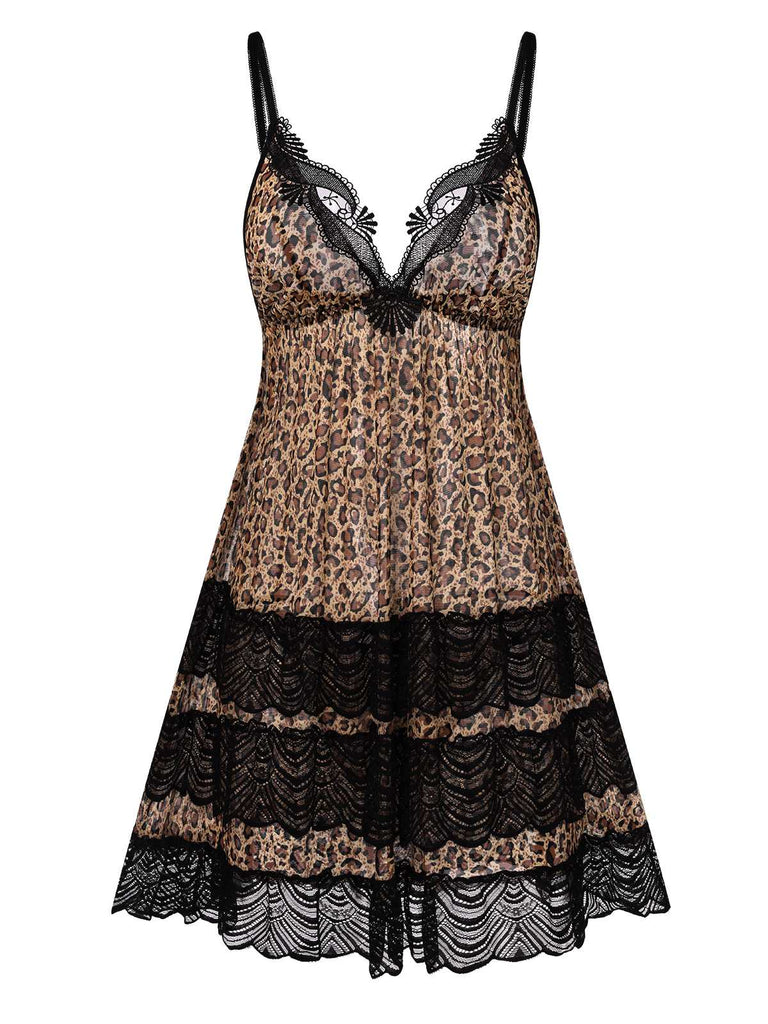 1940s Spaghetti Strap Leopard Lace Nightgown