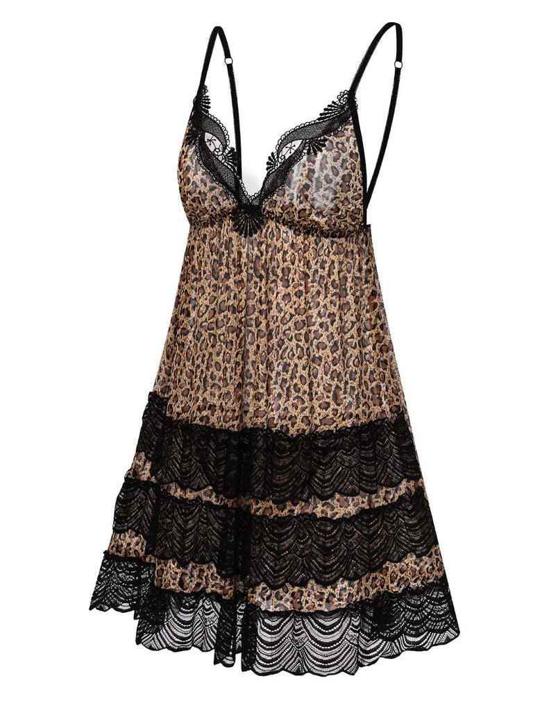 1940s Spaghetti Strap Leopard Lace Nightgown