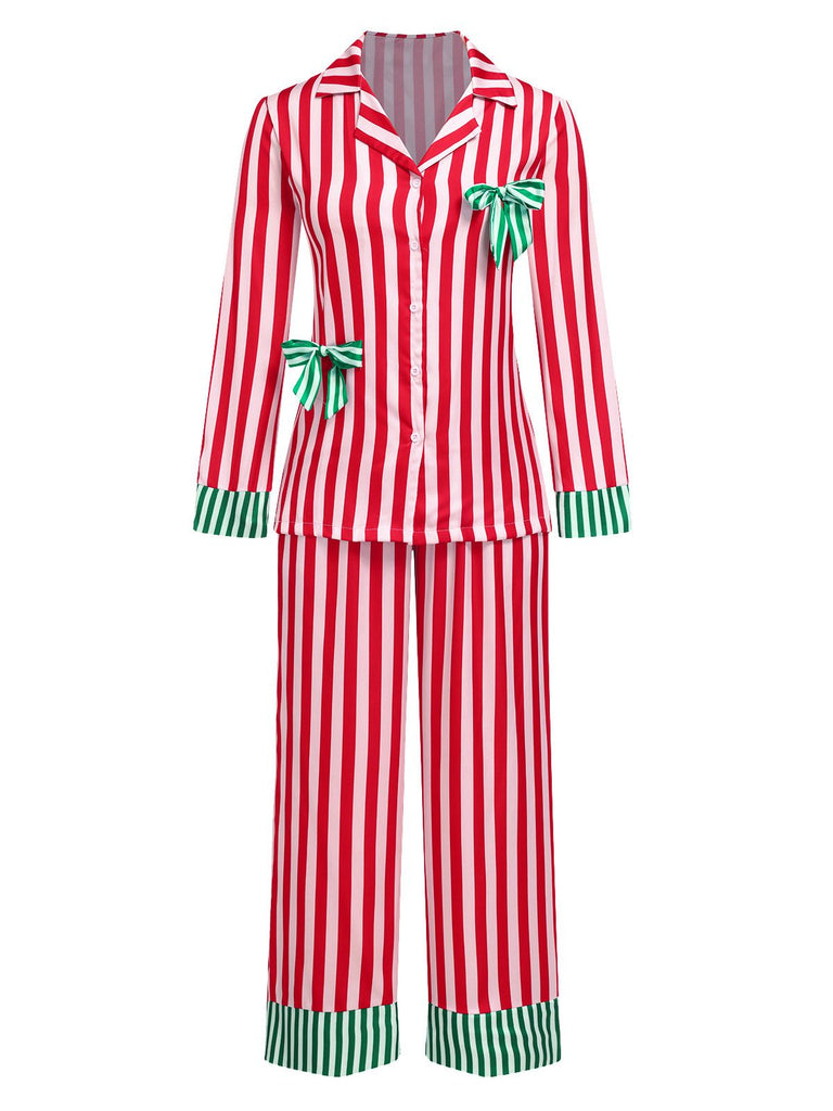 [Pre-Sale] Red 1970s Christmas Bow Lapel Striped Pajama