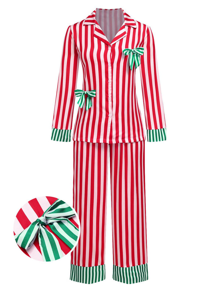 [Pre-Sale] Red 1970s Christmas Bow Lapel Striped Pajama