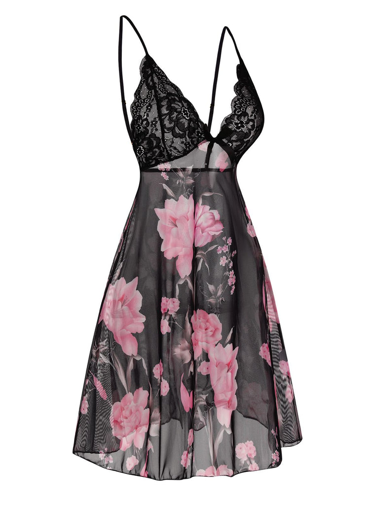 Black 1960s Floral Lace Straps Nightdress