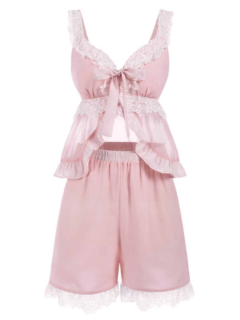 [Pre-Sale] Pink 1950s Lace Trim Bow Straps Pajamas