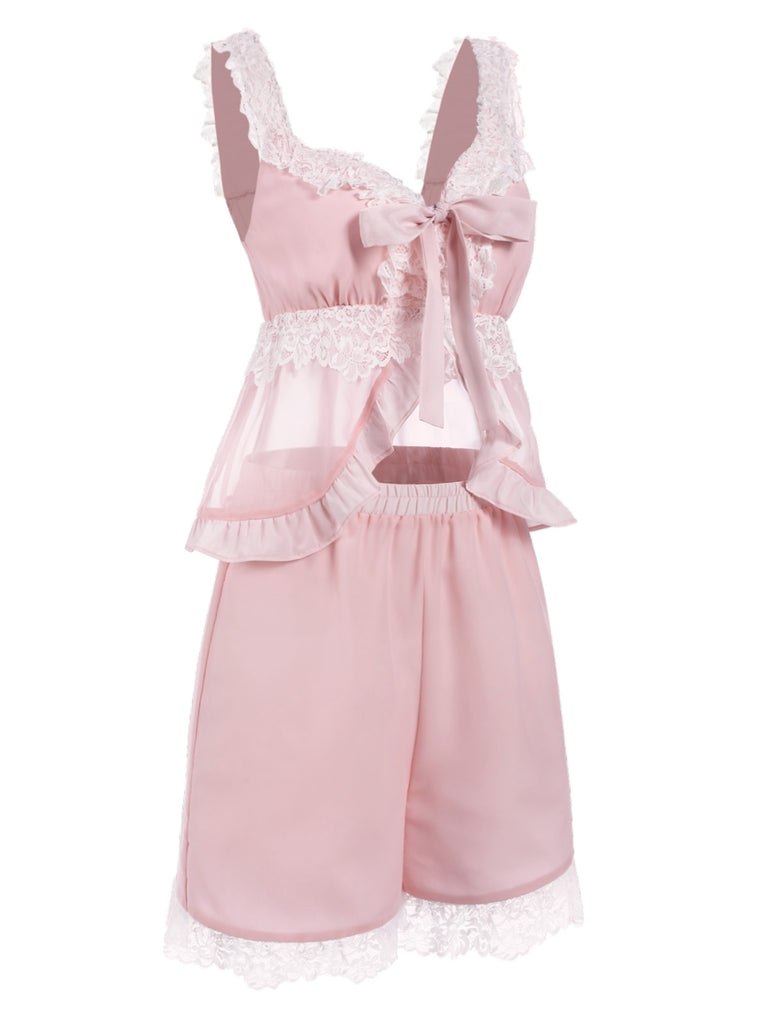 [Pre-Sale] Pink 1950s Lace Trim Bow Straps Pajamas