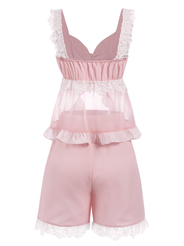 [Pre-Sale] Pink 1950s Lace Trim Bow Straps Pajamas