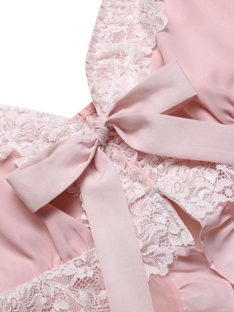 [Pre-Sale] Pink 1950s Lace Trim Bow Straps Pajamas