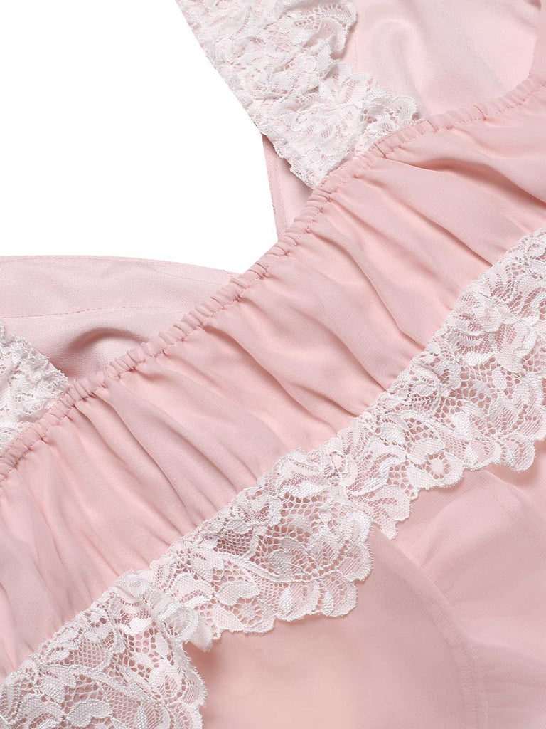 [Pre-Sale] Pink 1950s Lace Trim Bow Straps Pajamas