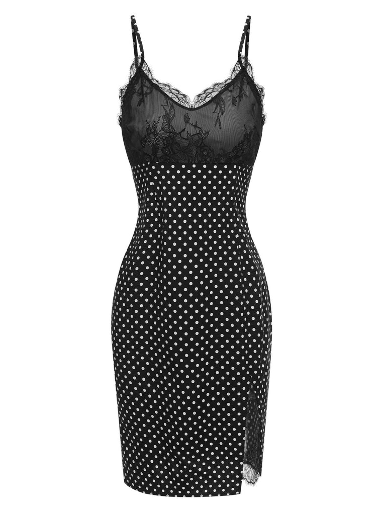 Black 1960s Lace Dots Patchwork Straps Nightdress