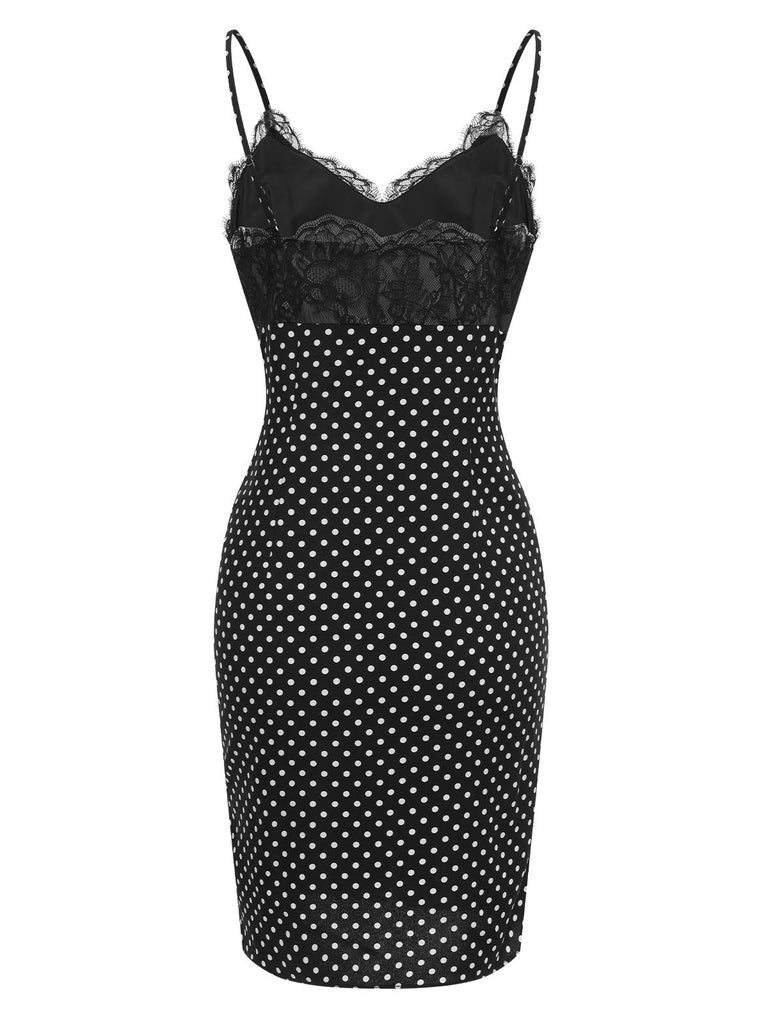 Black 1960s Lace Dots Patchwork Straps Nightdress