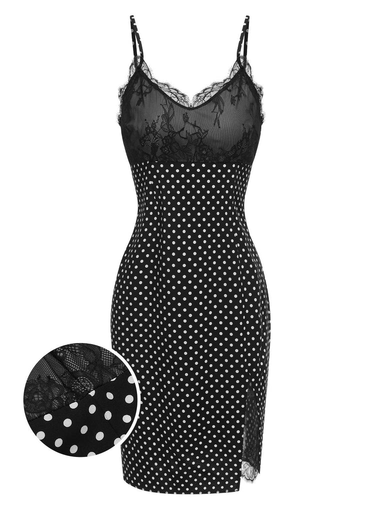 Black 1960s Lace Dots Patchwork Straps Nightdress