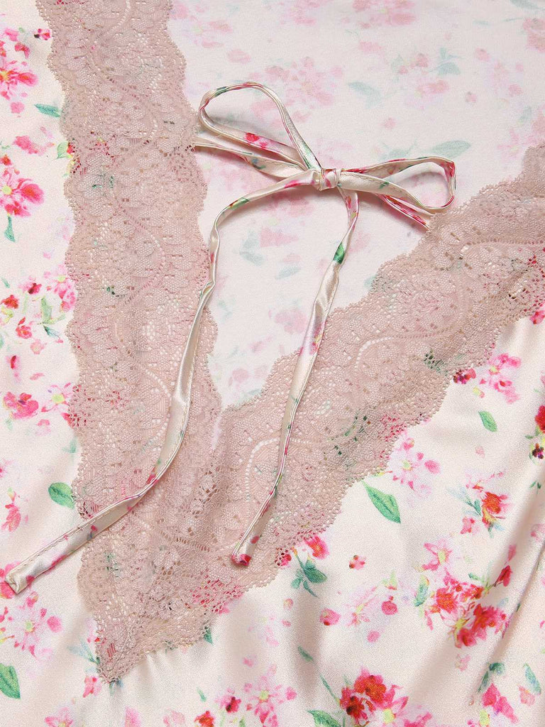 Pink 1950s Floral Lace Satin Nightgown