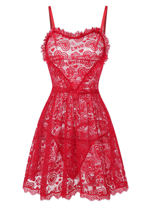 Red 1950s Valentine Hearts Lace Straps Nightdress