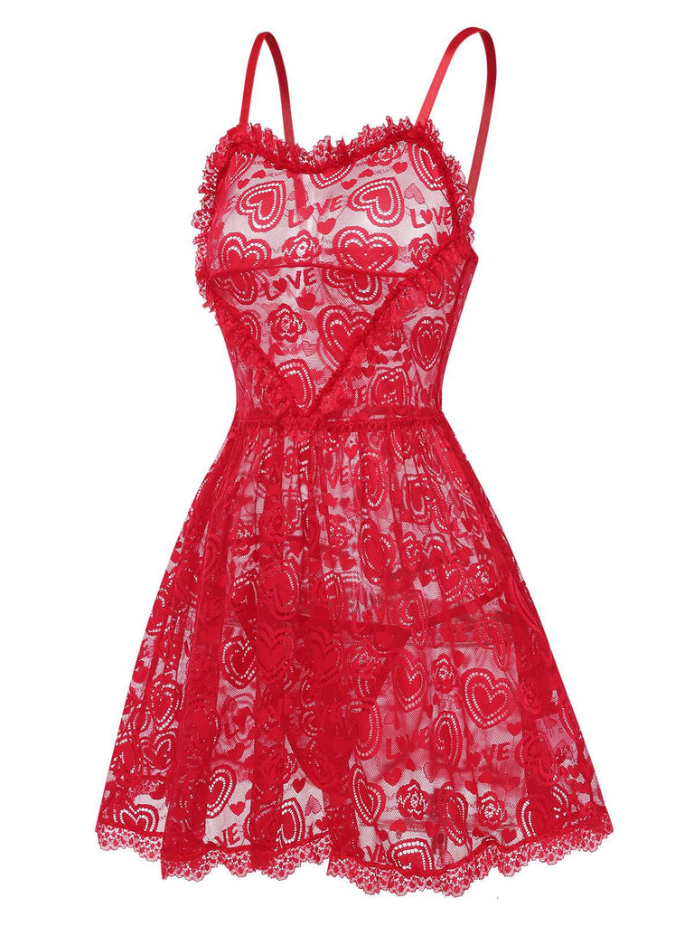 Red 1950s Valentine Hearts Lace Straps Nightdress