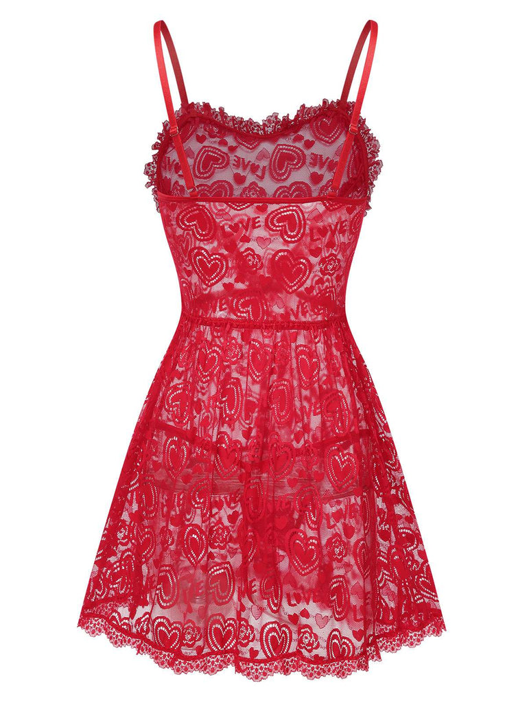 Red 1950s Valentine Hearts Lace Straps Nightdress