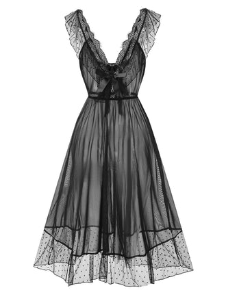 Black 1940s Lace Trim Dots Sheer Nightgown