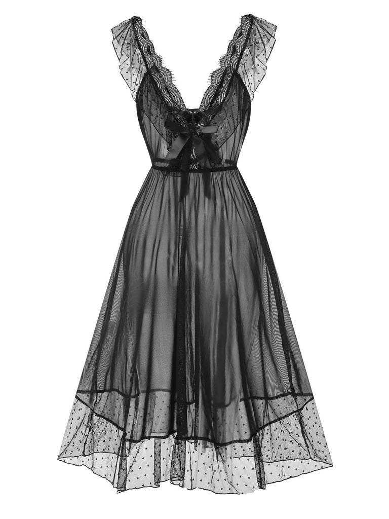 Black 1940s Lace Trim Dots Sheer Nightgown