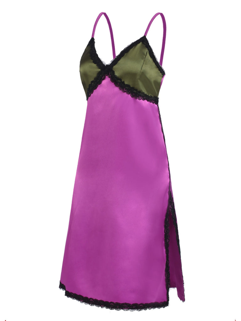 [Pre-Sale] Purple 1950s Lace Trim Satin Straps Nightgown