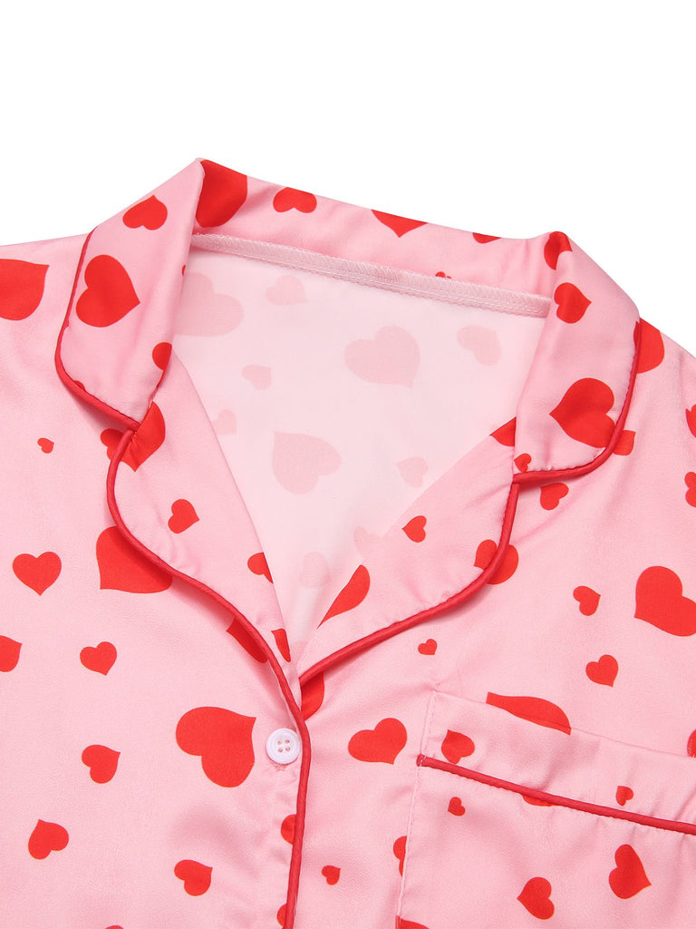 Pink 1940s Heart Print Casual Pajama Set