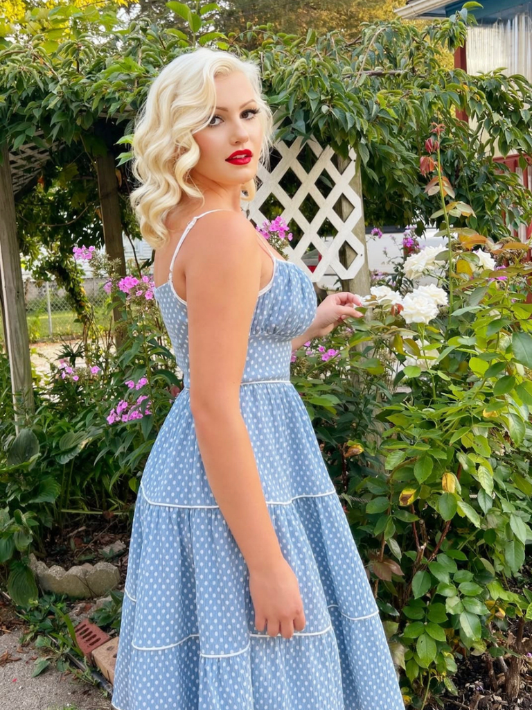 Sky Blue 1950s Strap Polka Dot Swing Dress