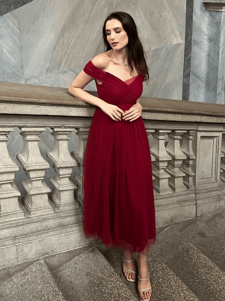 1950s Spaghetti Strap Off-Shoulder Mesh Dress