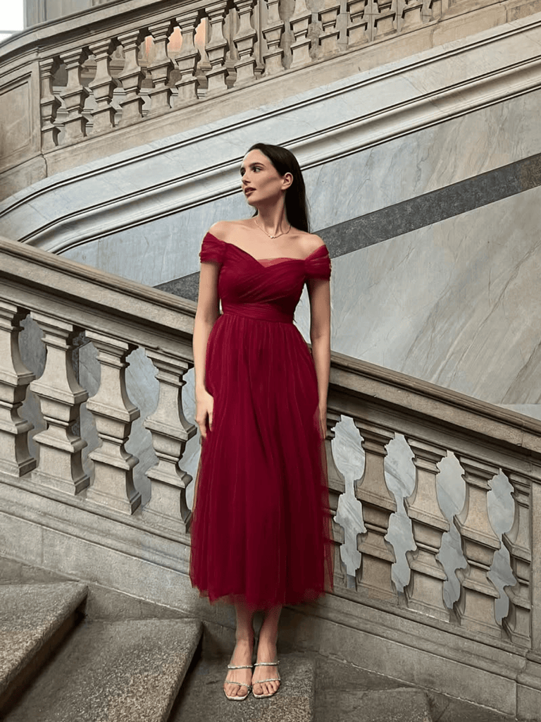 1950s Spaghetti Strap Off-Shoulder Mesh Dress