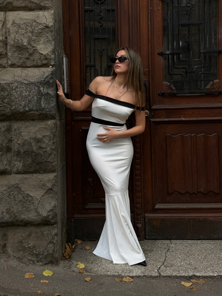 White 1930s Off-Shoulder Fishtail Dress