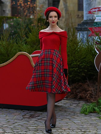 Red 1950s Christmas Off Shoulder Tartan Dress