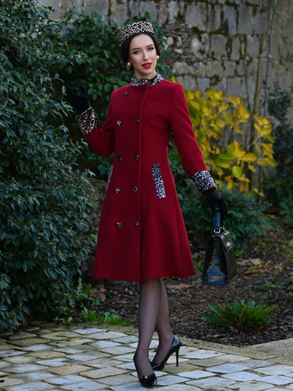 Wine Red 1950s Leopard Patchwork Button Coat