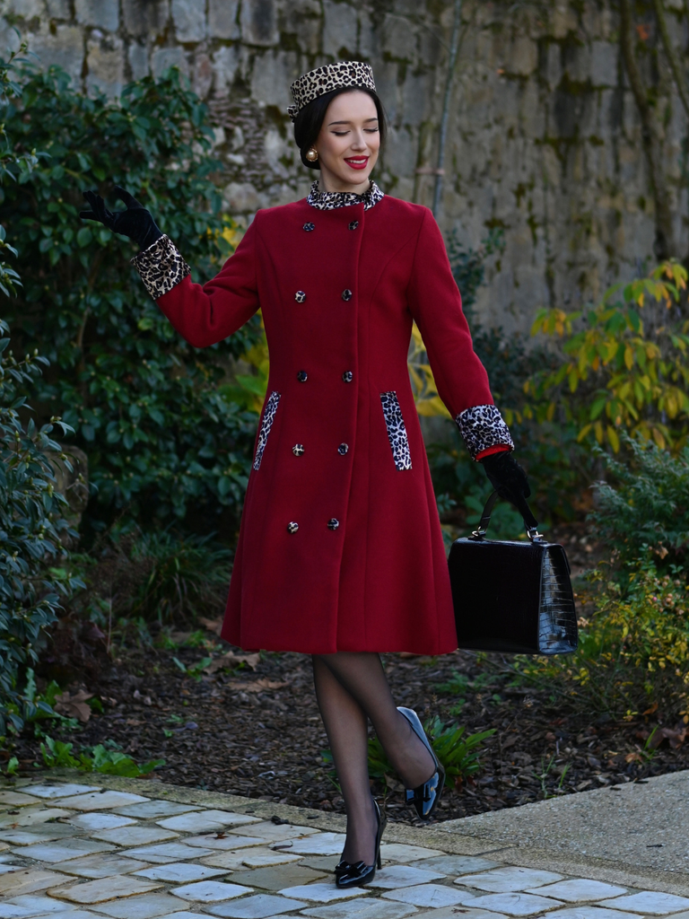 Wine Red 1950s Leopard Patchwork Button Coat