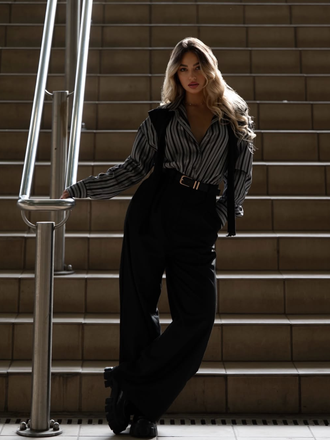 Black 1940s Shirt Collar Stripe Jumpsuit With Cape