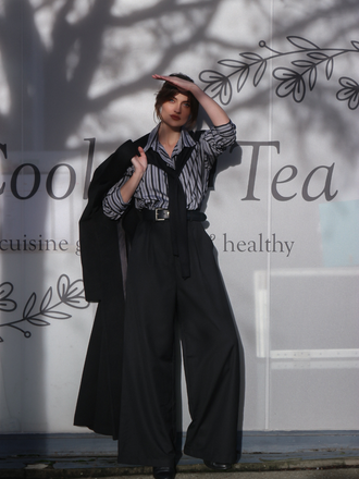 Black 1940s Shirt Collar Stripe Jumpsuit With Cape