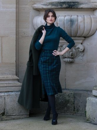 Green 1930s Plaid Turtleneck Fishtail Dress