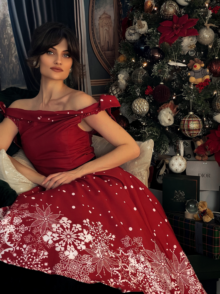 Red 1950s Off-shoulder Snowflake Dress