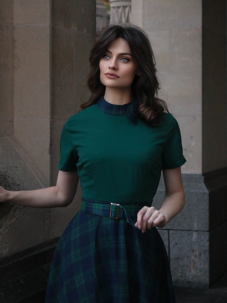 Green 1950s Tie Neck Plaids Patchwork Dress