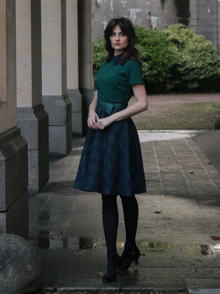 Green 1950s Tie Neck Plaids Patchwork Dress