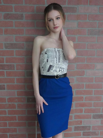 Dark Blue 1960s Bandeau Newspaper Belted Pencil Dress