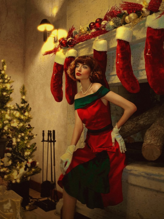 Red & Green 1950s Chrismtas Tree Off-Shoulder Dress