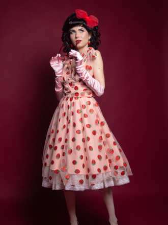 Pink 1950s Strawberry Mesh Swing Dress