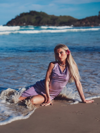 Lavender 1960s Cowl Neck High-Slit Pearlescent Dress