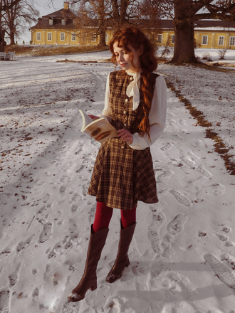 Brown 1960s Plaid Bow Tie Button Swing Dress