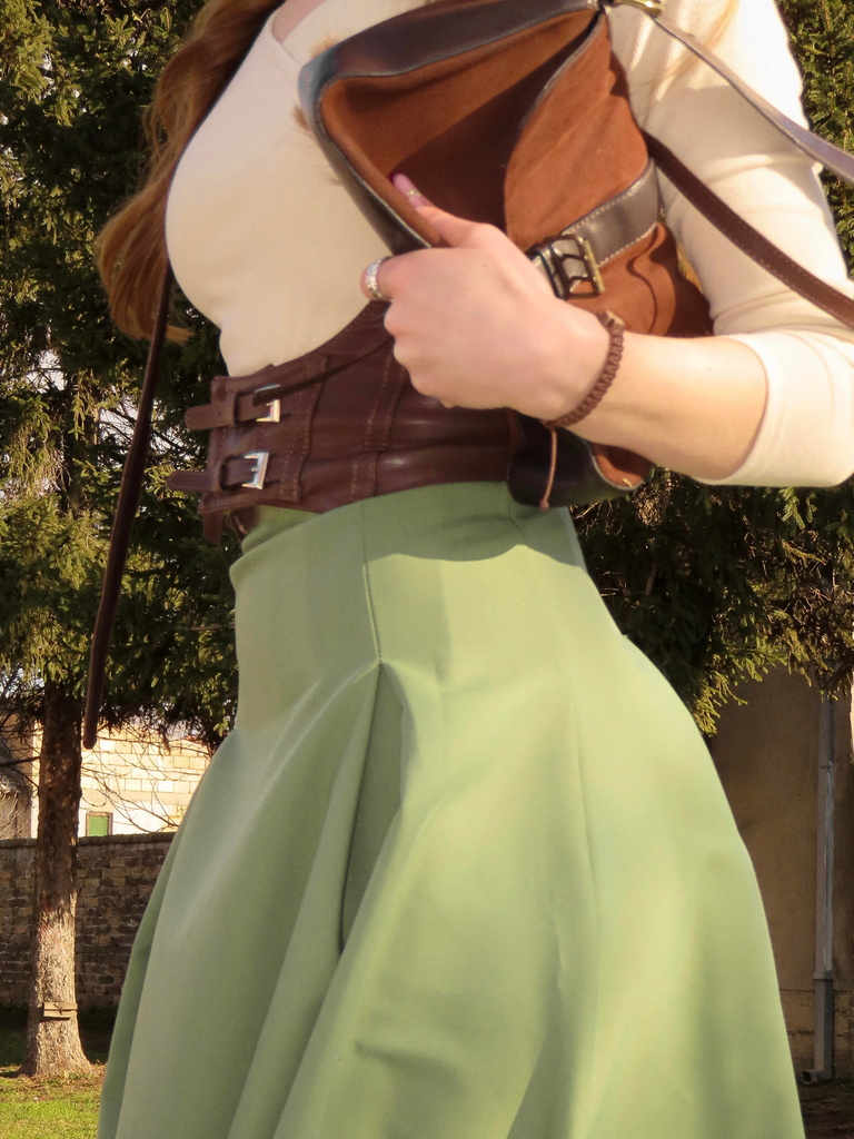 Beige & Green 1950s Knit Off-Shoulder Pleated Dress