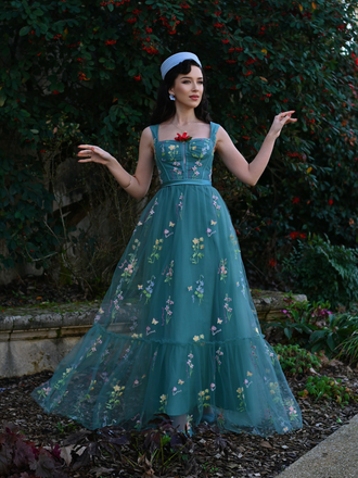 1930s Floral Mesh Boned Lace-Up Dress